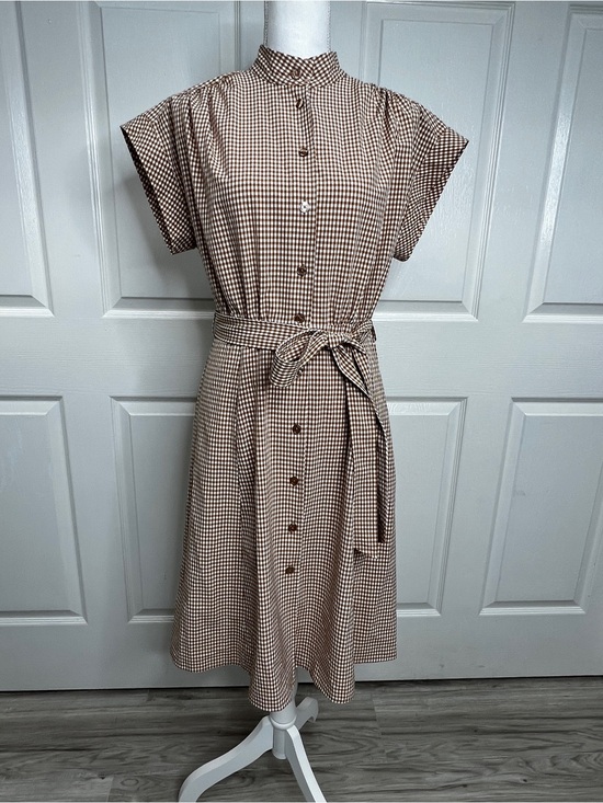 Calvin Klein Dresses & Skirts - Calvin Klein Gingham Check Belted Shirtdress Size 4 Brown White